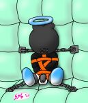  2021 ankle_cuffs balls bdsm blue_body bondage bound chain chao_(sonic) chastity_cage chastity_device clothed clothing digital_drawing_(artwork) digital_media_(artwork) fan_character genitals glistening halo hi_res male mask padded_cell sgtstitches shackles simple_background solo sonic_the_hedgehog_(series) sprinter_(starfoth) straitjacket 