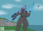  absurd_res alien anthro armor big_breasts bodysuit breasts butterybushbaby claws clothing curvy_figure female halo_(series) hi_res microsoft muscular muscular_anthro muscular_female sangheili shaded simple_background skinsuit soft_shading solo thick_thighs tight_clothing video_games voluptuous weapon wide_hips xbox_game_studios 