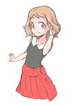  1girl bare_arms black_shirt blue_eyes breasts brown_hair highres julian0223 pleated_skirt pokemon pokemon_(anime) pokemon_xy_(anime) red_skirt serena_(pokemon) shirt short_hair skirt sleeveless sleeveless_shirt small_breasts smile solo 