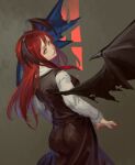 1girl ass bat_wings black_skirt black_vest closed_mouth fingernails from_behind head_wings inishie_kumo koakuma long_hair long_sleeves looking_at_viewer looking_back nail_polish red_eyes red_hair red_nails shirt skirt smile solo spread_wings standing touhou vest white_shirt wings 