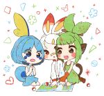  3girls animal_ears bandaid bandaid_on_nose bangs bare_shoulders black_eyes black_shorts blue_eyes blue_hair blue_shirt blue_skirt blush blush_stickers breasts brown_footwear bunny_ears child circle commentary_request diamond_(shape) eyebrows_visible_through_hair fang fins gen_1_pokemon gen_8_pokemon gloves green_hair green_shirt grookey hair_ornament hair_stick hairclip hands_together hands_up happy high_heels jacket lizard_girl lizard_tail long_sleeves looking_at_another looking_down looking_to_the_side map monkey_ears monkey_girl monkey_tail muguet multiple_girls open_mouth orange_gloves paper personification pikachu pointing poke_ball poke_ball_(basic) poke_ball_symbol pokemon rabbit_girl red_eyes scorbunny shirt short_hair short_shorts shorts sidelocks skirt sleeveless sleeveless_shirt small_breasts smile sobble sparkle tail tied_hair topknot triangle v-shaped_eyebrows white_background white_hair white_jacket white_shirt 