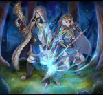  1boy 1girl absurdres blonde_hair blue_eyes blue_hair boots evomanaphy fire_emblem fire_emblem_heroes fjorm_(fire_emblem) forest gun highres holding holding_gun holding_lance holding_polearm holding_weapon hooded_robe kiran_(fire_emblem) lance multicolored_hair nature outdoors polearm skirt thighhighs tiara two-tone_hair weapon 