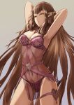  1girl armpits arms_behind_head arms_up babydoll bangs bare_shoulders bitter_jewel_(fate/grand_order) bra breasts brown_hair cleavage fate/apocrypha fate/grand_order fate_(series) highres inugami86 large_breasts lingerie long_hair looking_at_viewer open_mouth panties pointy_ears purple_bra purple_panties semiramis_(fate) sidelocks thighs underwear very_long_hair yellow_eyes 