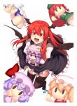  1girl bangs black_legwear black_skirt blonde_hair blue_bow blunt_bangs book bow braid character_doll crescent crescent_hat_ornament doll_hug flandre_scarlet hair_bow hat hat_ornament head_wings hong_meiling izayoi_sakuya juliet_sleeves kaiza_(rider000) koakuma long_hair long_sleeves mob_cap open_mouth patchouli_knowledge pointy_ears puffy_sleeves purple_hair red_bow red_eyes red_hair remilia_scarlet revision sidelocks silver_hair simple_background skirt smile solo thighhighs touhou twin_braids vest white_background wings |_| 