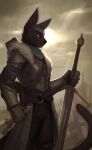  2020 anthro armor biped black_body black_fur black_nose clothed clothing dark_souls domestic_cat english_text felid feline felis fromsoftware fur hi_res holding_object holding_sword holding_weapon itswolven keiko_(keikothecat) male mammal melee_weapon portrait pose ruins signature solo standing sword text video_games weapon yellow_eyes 