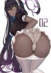  1girl ass bangs black_hair blue_archive breasts commentary_request dark_skin dark_skinned_female from_behind gloves hair_between_eyes halo highres kanikou karin_(blue_archive) kneepits lace lace_panties large_breasts long_hair looking_at_viewer looking_back maid_headdress panties pantyhose pantyhose_pull parted_lips partially_visible_vulva puffy_short_sleeves puffy_sleeves short_sleeves simple_background solo underwear very_long_hair white_background white_gloves white_legwear white_panties yellow_eyes 