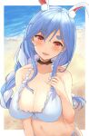  1girl :d animal_ear_fluff animal_ears beach bikini black_choker blue_hair blush border bow braid braided_ponytail breasts bunny_ears choker cleavage collarbone day extra_ears eyebrows_visible_through_hair hair_between_eyes hair_bow hand_on_own_chest head_tilt highres hololive large_breasts long_hair looking_at_viewer navel open_mouth orange_eyes outdoors outside_border panties pekomama saito_(pigrank) side-tie_bikini side-tie_panties smile solo swimsuit thick_eyebrows underwear upper_body water white_border white_bow 