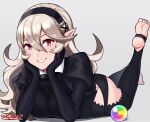  1girl :d artist_name ass barefoot black_headband black_headwear black_panties bodysuit breasts cleavage corrin_(fire_emblem) corrin_(fire_emblem)_(female) eyebrows_visible_through_hair fire_emblem fire_emblem_fates fire_emblem_heroes full_body hair_between_eyes hand_on_own_face headband highres long_hair looking_at_viewer lying on_stomach open_mouth panties platinum_blonde_hair pointy_ears red_eyes sarukaiwolf simple_background smile soles solo the_pose thighs underwear 