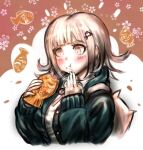  1girl backpack bag bangs black_shirt blush breasts commentary_request cropped_torso danganronpa_(series) danganronpa_2:_goodbye_despair dgrp_(minhduc12333) dress_shirt eating flipped_hair floral_print food food_on_face green_jacket hair_ornament hairclip hands_up holding hood hood_down hooded_jacket jacket large_breasts long_sleeves medium_hair nanami_chiaki shirt sketch solo taiyaki wagashi 