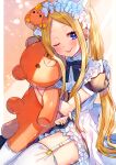  1girl abigail_williams_(fate) akirannu animal_ears apron backlighting bangs blonde_hair blue_dress blue_eyes blush bow breasts cat_ears check_commentary commentary commentary_request cook_heart_(fate) dress fate/grand_order fate_(series) forehead hair_bow highres light_particles light_rays long_hair looking_at_viewer multiple_bows multiple_hair_bows one_eye_closed parted_bangs puffy_short_sleeves puffy_sleeves short_sleeves sidelocks small_breasts smile stuffed_animal stuffed_toy teddy_bear thighhighs thighs tongue tongue_out twintails white_legwear 