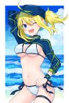  1girl ahoge aki_yamane arched_back arm_behind_head artoria_pendragon_(all) bangs baseball_cap beach bikini blonde_hair blue_eyes blue_headwear blue_jacket blue_sky border breasts cloud cloudy_sky cowboy_shot cropped_jacket day eyebrows_visible_through_hair fate/grand_order fate_(series) hair_between_eyes hair_through_headwear hat highres jacket long_sleeves looking_at_viewer medium_breasts mysterious_heroine_xx_(fate) navel ocean open_mouth outdoors outside_border ponytail pose reflective_eyes shiny shiny_hair short_hair shrug_(clothing) side-tie_bikini sidelocks sky smile solo swimsuit swimwear teeth thigh_strap thighs twitter_username waves white_bikini white_border wind wristband zipper_pull_tab 