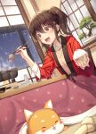  1girl :d animal blush bottle bowl brown_hair chopsticks collared_shirt dog dutch_angle fang food hair_ornament hairclip highres holding holding_chopsticks hotpot icicle indoors japanese_clothes kimono kotatsu long_hair long_sleeves nabe open_mouth original pine_(angel4195202) ponytail red_eyes red_kimono rice rice_bowl shirt side_ponytail sitting smile snow sweater table wall white_shirt window winter 