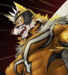  1boy absurdres animal_ears bara beige_fur bodysuit cape close-up covered_abs face facial_hair fighting_stance from_side furry goatee highres large_pectorals lightning live_a_hero looking_to_the_side male_focus mask mature_male muscular muscular_male orange_bodysuit orange_fur ryekie_(live_a_hero) short_hair solo spikes tiger_boy tiger_ears tokuninai_hito two-tone_fur white_cape 