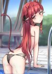  1girl arched_back arknights ass back bare_arms bare_shoulders bikini black_bikini braid day from_behind hair_ribbon horns looking_back multi-strapped_bikini outdoors pointy_ears poolside red_eyes red_hair ribbon ryuinu sidelocks solo string_bikini swimsuit tail tail_raised twin_braids vigna_(arknights) vigna_(casual_vacation)_(arknights) 