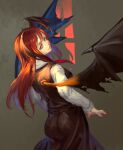  1girl ass bat_wings black_skirt black_vest closed_mouth fingernails from_behind head_wings inishie_kumo koakuma long_hair long_sleeves looking_at_viewer looking_back nail_polish red_eyes red_hair red_nails shirt skirt smile solo spread_wings standing touhou vest white_shirt wings 