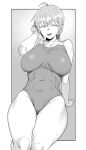  1girl ahoge breasts character_request closed_eyes copyright_request covered_navel fat_mons greyscale hair_ornament hair_scrunchie highres large_breasts legs_together low_ponytail lying mature monochrome on_back one-piece_swimsuit scrunchie solo swimsuit thick_thighs thighs urec wet wet_clothes wet_swimsuit 
