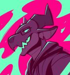  2019 anthro clothed clothing dragon english_text eyewear glasses hoodie horn itswolven male open_mouth purple_background purple_body purple_scales scales signature simple_background solo teal_background teal_eyes text topwear vynn_(itswolven) 