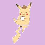  artist_name brown_headwear closed_eyes coffee commentary cup detective_pikachu detective_pikachu_(movie) english_commentary full_body gen_1_pokemon hat hatted_pokemon holding holding_cup miyaulait mug no_humans open_mouth outline pikachu pokemon pokemon_(creature) purple_background simple_background smile solo 