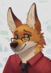  2019 abstract_background anthro black_nose bust_portrait canid canine clothing countershade_face countershade_fur countershading english_text eyewear fox fur glasses green_eyes hi_res inner_ear_fluff itswolven james_(jemusukistune) looking_at_viewer male mammal necktie orange_body orange_fur portrait shirt signature solo text topwear tuft white_body white_fur 