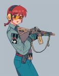  1girl airsoft animal_print belt braid braided_ponytail cartridge character_request collared_shirt cowboy_shot denim denim_jacket genderswap genderswap_(mtf) gloves green_gloves gun handgun headphones holding holding_gun holding_weapon long_sleeves looking_at_viewer pants ranma-chan ranma_1/2 red_eyes red_hair rifle safety_glasses shirt short_hair short_ponytail silver_background simple_background smile solo thomas_hewitt trigger_discipline weapon weapon_request 