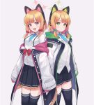  2girls absurdres blonde_hair blue_archive cat_ear_headphones commentary_request green_eyes haeil2 headphones highres jacket looking_at_viewer midori_(blue_archive) momoi_(blue_archive) multiple_girls open_mouth red_eyes ribbon short_hair siblings simple_background thighhighs white_background 
