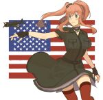  1girl aircraft aircraft_request airplane american_flag anchor black_dress black_gloves breast_pocket brown_hair choker commentary_request cowboy_shot dress fingerless_gloves flag_background gloves grey_eyes hair_between_eyes hair_ornament highres kantai_collection pocket ponytail red_legwear remodel_(kantai_collection) saratoga_(kancolle) side_ponytail sidelocks smokestack smokestack_hair_ornament solo sukekiyo_(skky_0) thighhighs white_background 