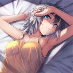  1girl armpits arms_up bare_arms bare_shoulders bed_sheet blue_eyes breasts camisole closed_mouth collarbone looking_at_viewer lying medium_breasts medium_hair on_back on_bed original ryuinu shirt silver_hair sleeveless sleeveless_shirt solo spaghetti_strap yellow_shirt 