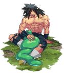  1boy abs absurdres animal bah_(dragon_ball) bara broly_(dragon_ball_super) bruise bruise_on_face bulge cat cuts dragon_ball dragon_ball_super dragon_ball_super_broly drooling full_body green_fur highres injury large_pectorals male_focus medium_hair muscular muscular_male navel nipples pants scar scar_on_cheek scar_on_chest scar_on_face shirtless sitting skin_tight sleeping sleeping_upright solo stomach thick_thighs thighs torawar torn_clothes torn_pants 
