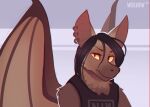  2019 anthro black_hair brown_body brown_feathers brown_fur brown_wings cheek_tuft chiropteran clothing ear_piercing english_text facial_tuft feathered_wings feathers fur grey_background hair itswolven looking_at_viewer male male_(lore) mammal mars_(itswolven) neck_tuft piercing shirt signature simple_background solo tank_top text topwear tuft wings yellow_eyes 