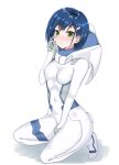  1girl bangs between_legs blue_hair blush bob_cut bodysuit commentary darling_in_the_franxx full_body green_eyes hair_ornament hairclip hamu_(yuni0349) hand_between_legs hand_on_own_face highres ichigo_(darling_in_the_franxx) light_frown nose_blush pilot_suit raised_eyebrows shadow simple_background skin_tight solo squatting symbol_commentary tearing_up tears white_background wiping_tears 