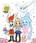  3girls @_@ absurdly_long_hair alcremie alcremie_(ruby_swirl) alcremie_(strawberry_sweet) animal_ears arm_up bangs bike_shorts black_legwear black_sclera blank_eyes blonde_hair blue_eyes blue_fur blue_hair blue_headwear blue_skirt blunt_bangs blush blush_stickers body_fur braid brown_eyes brown_footwear bunny_ears bunny_tail cinderace closed_mouth collared_shirt colored_sclera colored_skin commentary_request confetti cross-laced_footwear crossed_arms eldegoss flat_chest floating food frosmoth fruit full_body furry gen_8_pokemon gloria_(pokemon) grey_skin grey_sweater happy hat hatterene heart highres holding long_hair long_sleeves looking_at_another looking_at_viewer looking_up miniskirt muguet multicolored_hair multiple_girls open_mouth pantyhose paws pink_hair plaid plaid_skirt pleated_skirt pokemon pokemon_(creature) pokemon_(game) pokemon_swsh polteageist prehensile_hair rabbit_girl red_eyes red_fur red_hair shirt shoes short_hair simple_background skirt smile standing straight-on strawberry sweater tail teapot tied_hair twin_braids two-tone_hair very_long_hair white_background white_eyes white_fur white_shirt witch_hat yellow_eyes yellow_fur 
