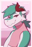  2021 ambiguous_gender anthro cheek_tuft clothing dragon english_text eyelashes facial_tuft hi_res horn inner_ear_fluff itswolven looking_at_viewer pink_clothing pink_sweater pink_topwear portrait red_eyes signature smile solo sweater teal_body text topwear tuft white_body 