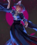  1girl blue_dress blue_headwear blue_sash breasts closed_mouth dress glowing glowing_eyes hand_up hat inishie_kumo long_dress long_sleeves medium_breasts obi pink_hair purple_eyes saigyouji_yuyuko sash smile solo standing touhou wide_sleeves 