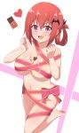  1girl :d barefoot breasts chocolate_on_body chocolate_on_breasts commentary_request fang gabriel_dropout heart highres kurumizawa_satanichia_mcdowell large_breasts looking_at_viewer naked_ribbon nude nyaroon open_mouth pink_eyes red_hair red_ribbon ribbon short_hair smile soles solo standing standing_on_one_leg valentine 