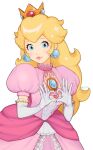  1girl blonde_hair blue_eyes crown dress earrings elbow_gloves gloves heart heart_hands highres jewelry jivke long_hair looking_at_viewer mario_(series) petticoat pink_dress princess_peach super_mario_bros. super_smash_bros. white_background white_gloves 