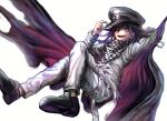  1boy :d absurdres adjusting_clothes adjusting_headwear arm_behind_head arm_up bangs black_footwear black_hair black_headwear cape checkered checkered_neckwear checkered_scarf commentary crossed_legs danganronpa_(series) danganronpa_v3:_killing_harmony dgrp_(minhduc12333) double-breasted english_commentary full_body grey_background grey_jacket grey_pants hat highres jacket looking_at_viewer male_focus one_eye_closed open_mouth ouma_kokichi pants peaked_cap pink_eyes purple_cape purple_eyes purple_hair scarf shiny shiny_clothes shoes simple_background smile solo straitjacket torn_cape torn_clothes upper_teeth white_background white_jacket white_pants 