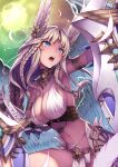  1girl angel_wings armpits bare_shoulders breasts cleavage collar copyright_request faulds feathered_wings feathers headdress highres holding holding_weapon large_breasts long_hair looking_away midriff navel outstretched_arm pelvic_curtain revealing_clothes ryuinu shield solo stomach strap_gap tri_braids valkyrie very_long_hair weapon wings 