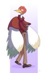  2020 anthro avian beak bird bottomwear clothed clothing crane_(bird) eyebrows footwear fur gruiform hair hi_res ichabod kaishu_mennella male no_evil open_mouth pants red_body red_eyes red_fur scarf shoes signature simple_background solo surprise white_background white_body white_fur wings 