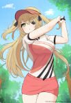  1girl :o absurdres bangs blonde_hair blush breasts eyebrows_visible_through_hair eyepatch fischl_(genshin_impact) genshin_impact golf golf_club green_eyes hair_ribbon highres holding holding_golf_club laaaan long_hair looking_afar looking_ahead medium_breasts miniskirt outdoors pixiv_id pixiv_username red_skirt ribbon shirt short_sleeves skirt sky solo standing tree two_side_up visor_cap white_shirt 