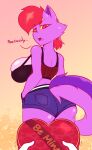  anthro biffalo big_breasts big_butt bottomwear breasts butt clothing dialogue domestic_cat ear_piercing ear_ring felid feline felis female fur hi_res looking_back mammal piercing purple_body purple_fur shorts siren_(biffalo) 