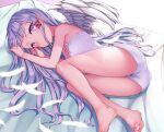  1girl absurdres arm_up ass bare_arms bare_legs bare_shoulders barefoot bed_sheet camisole closed_mouth feathered_wings feathers grey_hair hair_ribbon hand_up highres legs long_hair looking_at_viewer lying midriff on_side original purple_eyes red_ribbon ribbon ryuinu shirt short_shorts shorts sidelocks sleeveless sleeveless_shirt solo spaghetti_strap toes tress_ribbon very_long_hair white_feathers white_shirt white_shorts wings 