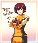  1girl bow brown_hair chocolate food gundam gundam_seed happy_valentine head_tilt highres holding holding_chocolate holding_food ishiyumi looking_at_viewer mobile_armor moebius_(gundam_seed) open_mouth pilot_suit red_bow short_hair smile solo 