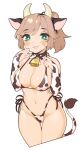  1girl :3 animal_ears animal_print bell bell_collar bikini black_choker black_ribbon bridal_gauntlets bright_pupils brown_hair choker collar commentary commission cow_ears cow_girl cow_horns cow_print cow_tail cowbell cowboy_shot cropped_legs elbow_gloves english_commentary gloves green_eyes halphelt hand_up highleg highleg_bikini highres horns legs_together looking_at_viewer navel neck_bell neck_ribbon original parted_lips pink_lips ponytail ribbon simple_background smile solo standing swimsuit tail thigh_gap two-tone_ribbon white_background white_pupils white_ribbon 