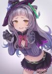  1girl black_gloves breasts brown_eyes claw_pose cleavage cleavage_cutout clothing_cutout commission enumiyan flower gloves grey_background hair_bun hat hat_flower highres hololive leaning_forward long_hair murasaki_shion open_hands silver_hair skeb_commission small_breasts solo virtual_youtuber witch witch_hat 