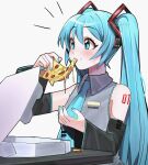  1girl absurdres aqua_eyes aqua_hair aqua_nails aqua_neckwear arm_tattoo blush cheese cheese_trail detached_sleeves dripping eating english_commentary fingernails food food_on_face hatsune_miku headphones highres holding holding_food holding_pizza kumaartsu long_hair messy necktie pepperoni pizza pizza_box pizza_slice solo sweatdrop tattoo twintails upper_body very_long_hair vocaloid wide_sleeves 