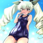  1girl anchovy_(girls_und_panzer) arm_behind_back bangs black_ribbon blue_swimsuit blush breasts commentary cowboy_shot drill_hair emblem eyebrows_visible_through_hair frown girls_und_panzer green_hair hair_ribbon hand_to_own_mouth long_hair looking_at_viewer nakahira_guy old_school_swimsuit one-piece_swimsuit open_mouth red_eyes ribbon school_swimsuit small_breasts solo standing sweatdrop swimsuit twin_drills twintails 