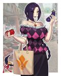  1girl argyle bag bare_shoulders bell black_skirt blush braid breasts chikujouin_magane eggplant eyes_visible_through_hair food hair_bell hair_ornament highres housewife jewelry mature necklace nia_(nia4294) open_mouth photo_background purple_hair re:creators sharp_teeth shopping shopping_bag sidelocks single_braid skirt smile teeth tomato vegetable yellow_eyes 
