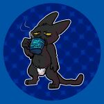  anthro asian_clothing black_body black_fur cartoon_network clothing cup domestic_cat east_asian_clothing felid feline felis fundoshi fur hi_res japanese_clothing kay_but_gayer male mammal mao_mao:_heroes_of_pure_heart shin_mao short_stack sipping solo underwear yellow_eyes 