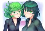  2girls bangs black_dress breasts collarbone collared_dress commentary covered_nipples curly_hair dress earrings eyebrows_visible_through_hair fubuki_(one-punch_man) green_eyes green_hair hair_between_eyes highres jewelry large_breasts looking_at_viewer mogudan multiple_girls no_bra one-punch_man parted_lips pillow short_hair siblings sisters tatsumaki upper_body 