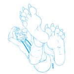  1:1 5_fingers 5_toes absurd_res anthro barefoot beastars big_feet blue_and_white bulge canid canine canis claws clothed clothing feet fingers foot_focus fur hi_res humanoid_feet legoshi_(beastars) legwear looking_at_viewer lying male mammal modem_redpill monochrome necktie on_back plantigrade rolled_up_sleeves scar school_uniform soles solo suspenders toe_claws toes uniform wolf 